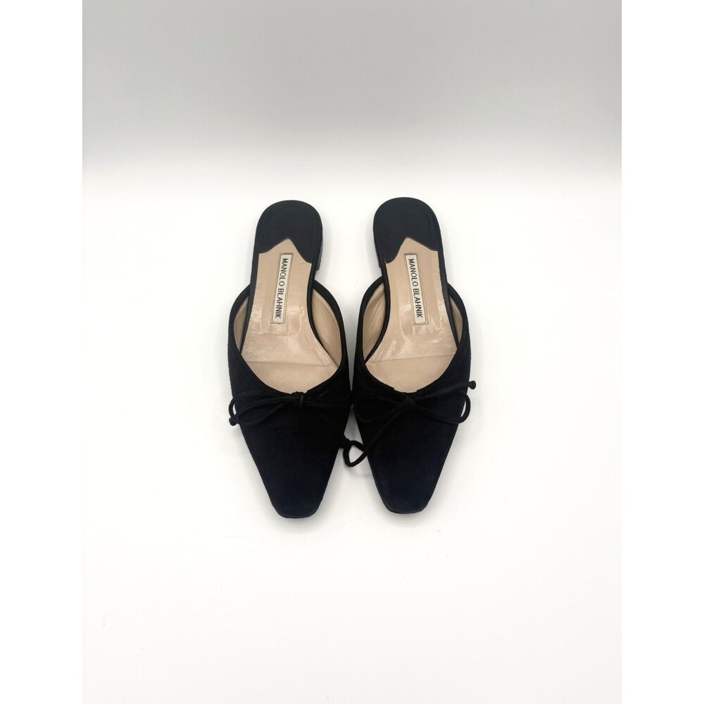 Manolo Blahnik Black Suede Pointed Toe Ballet Flat Mules w/ Bow Size EU 38